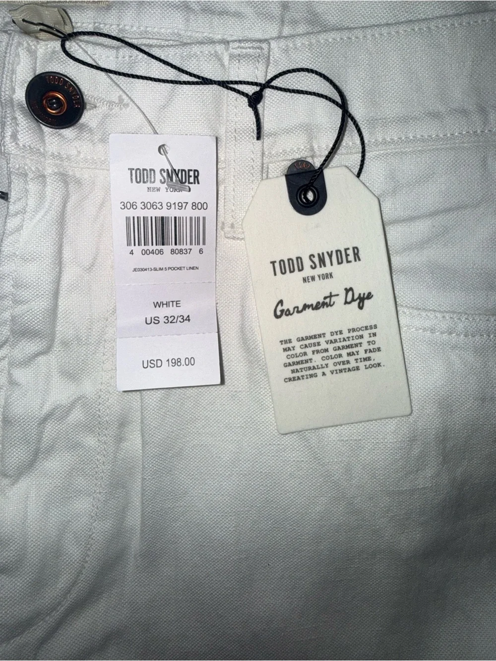 Todd Snyder Slim Fit White Cotton Linen Jeans Men’s 32x34 NWT  men’s white pants